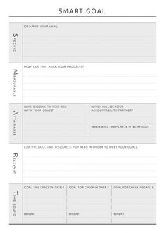 a printable smart goal sheet with the words smart goal written in white on it