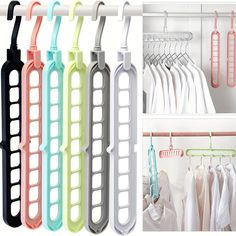 the clothes hangers are organized in different colors