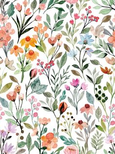 watercolor flowers and leaves on a white background seamless wallpaper pattern stock photo