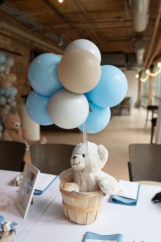 a teddy bear in a basket with balloons on the table at a baby's first birthday party