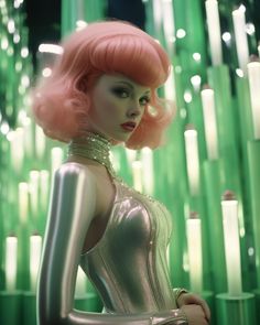 a woman with pink hair is standing in front of green and white lights wearing a silver dress