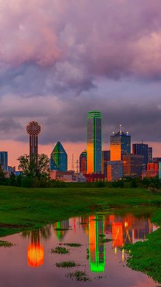 the city skyline is lit up at night with colorful lights in the water and green grass