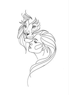 the lion and the princess are facing each other with their faces drawn in one line