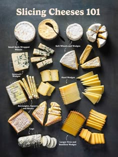 an image of different types of cheeses on a black board with words describing them