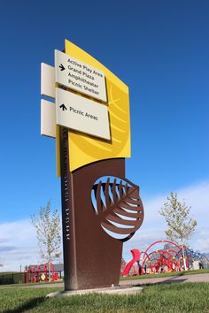 Park signage, exterior wayfinding, themed wayfinding, sculptural wayfinding, park sign design Park Signage Design, Park Wayfinding, Interpretive Signage, Entrance Signage, Park Signage, Wayfinding Signage Design, Architectural Signage