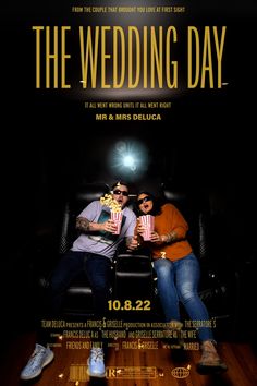 the wedding day movie poster with two men sitting on a chair holding popcorns and watching tv