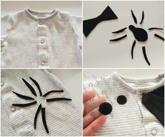 four pictures showing how to make cat onesuits out of yarn and fabric material