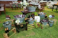 several buckets filled with wine bottles on top of grass