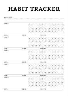 a printable habit tracker with the words habit tracker and numbers in black on white