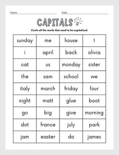 capital worksheet with capital words in the middle and lowercase letters on it