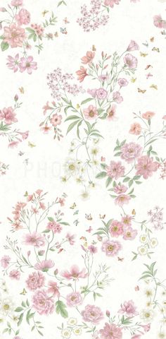 a floral wallpaper with pink flowers and green leaves on the side, in pastel shades