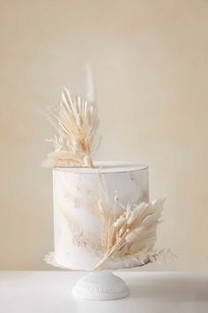 a white cake with feathers on top