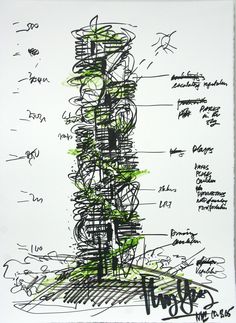 a drawing of a tall tower with lots of writing on it