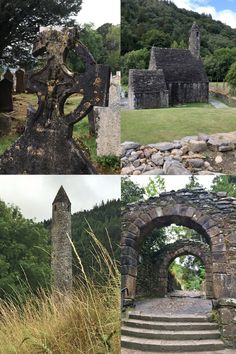 four different views of an old stone building in the woods, with steps leading up to it