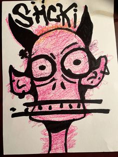 a drawing of a pink skull with horns on it's head and the word sticki written in black ink