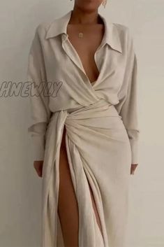 Sexy Solid High Opening Fold Turndown Collar Long Sleeve Two Pieces – hnewly