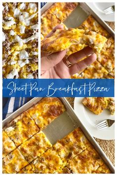 a collage of photos showing different types of breakfast pizzas and the words, sheet pan breakfast pizza