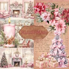 a christmas collage with pink flowers and presents