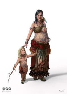 a woman and child dressed in native american clothing