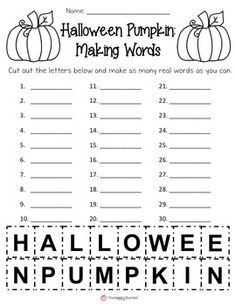 halloween pumpkin making words worksheet for kids to practice numbers and spelling the word