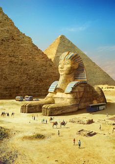 the sphinx statue is in front of the pyramids