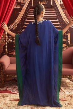 Electric blue kaftan with mirror, cutdana, bead embroidery in floral pattern. - Aza Fashions Blue Kaftan, Mirror Placement, Kaftan Women, Blue Mirror, Bead Embroidery, Batwing Sleeve, Aza Fashion, Beaded Embroidery, Electric Blue