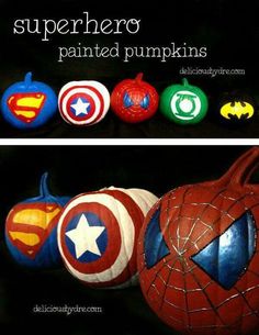 there are some superhero painted pumpkins in the dark with caption below that reads, super hero painted pumpkins