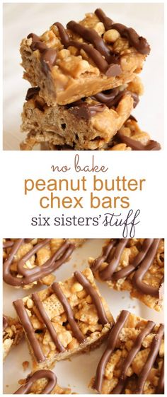 no bake peanut butter chex bars stacked on top of each other