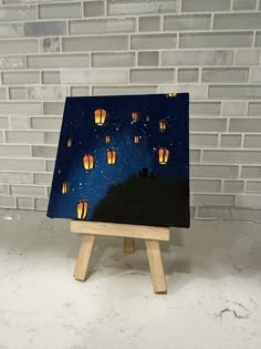 Hand painted 4x4in (10.1x10.1cm) famed mini canvas. Lanterns floating in the night sky with two little cats making a wish.  Hope and whimsy, enjoying the night sky. Perfect for small spaces and desks! Cute Painting On Small Canvas, Small Painting Canvas Ideas, Mini Paintings Acrylic, Sky Lanterns Painting, Painting On Small Canvas Ideas, 4x4 Paintings Ideas, How To Paint A Sky, Night Aesthetic Painting, Aesthetic Mini Painting