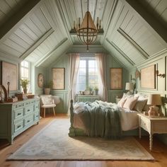 a bedroom with a bed, dressers and windows in the ceiling is painted green