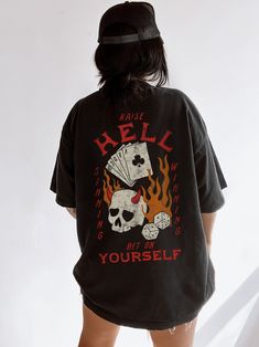 Raise Hell Shirt UNISEX Comfort Colors® Boho Hippie Clothes Rock n Roll Oversized T Shirt Skull on Fire Moto Edgy Grunge Tops Vintage Rebel Shop all Luna + June - https://www.etsy.com/ca/shop/LunaandJuneApparel  Please read before placing your order  1. All our apparel is GENDER NEUTRAL / UNISEX. The relaxed fit is flattering for all bodies. 2. Refer SIZE CHART for measurements. Upsize for oversized looks. 3. This t-shirt is a Comfort Colors 100% pure cotton, unisex fit, soft washed and garment Rock N Roll T Shirt, Band Shirt Outfits Grunge, Band Shirt Outfits, Skull On Fire, Grunge Tops, Distressed Fashion, Rock Tshirt, Edgy Grunge, Wolf Quotes