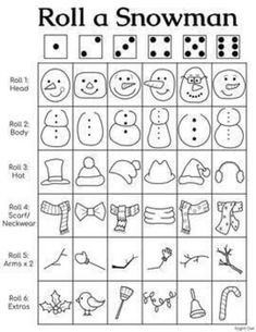 the roll and draw snowman game is shown in black and white, with instructions to make