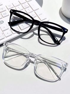 2 piezas de lentes transparentes negros y azules de bloqueo de luz para mujeres, con forma cuadrada y acento de tachuelas para accesorios de gafas claras escolares          Women Accessories, size features are:Bust: ,Length: ,Sleeve Length: Oversize Glasses, Oversized Glasses, Clear Glasses, Oversized Sunglasses, Eyewear Accessories