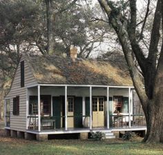 a small house sitting next to a tree in the grass and surrounded by tall trees