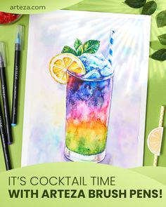 it's cocktail time with artza brush pens and watercolors on paper