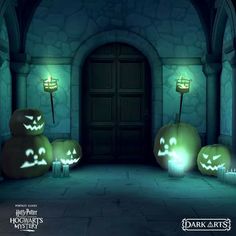 some pumpkins with glowing faces on them in front of a door at night time