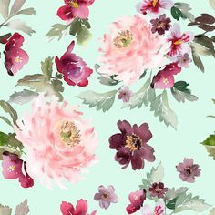 a floral pattern with pink flowers and green leaves