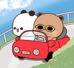 two cartoon bears riding in a red car on a road next to a panda bear