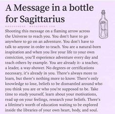 a message in a bottle for sagitarius on purple background with words above it