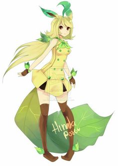 an anime character with long blonde hair and green leaves in her hand, standing on top of