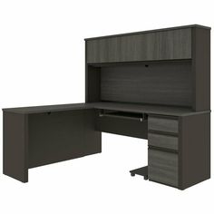 an office desk with two drawers and a hutch on the top, in dark grey