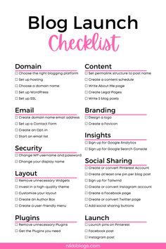 a pink and white checklist with the words blog launch checklist written in it