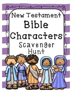 the new testament bible characters scavenger hunt with purple and white striped border around it