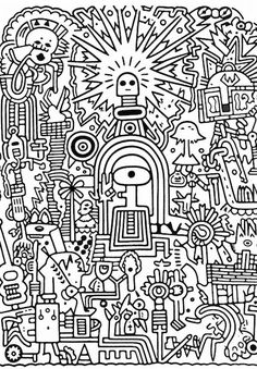 an abstract black and white drawing with many different things in the background, including people