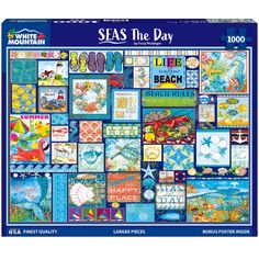 seas the day puzzle is shown in blue and has images of different types of sea animals