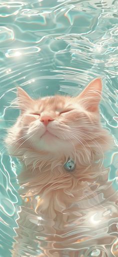 an orange and white cat with its eyes closed swimming in the blue water, looking up at the camera