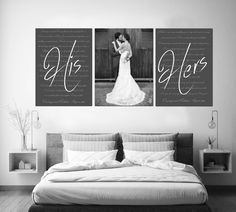 two black and white photos hanging on the wall above a bed