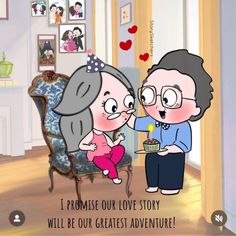 an animated image of a man and woman sharing a birthday cake with the caption i promise our love story will be our greatest adventure