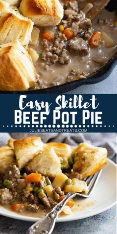 two pictures of beef pot pies with text overlay that reads easy skillet beef pot pie