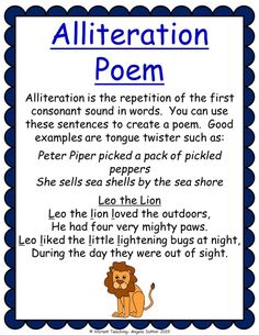 an alliteration poem with a lion on the front and blue border around it